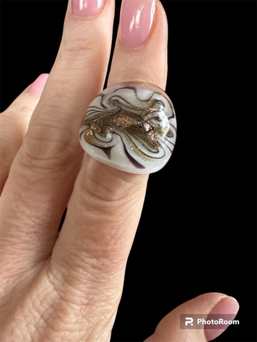 Handcrafted White Glass Statement Ring with Gold Swirl